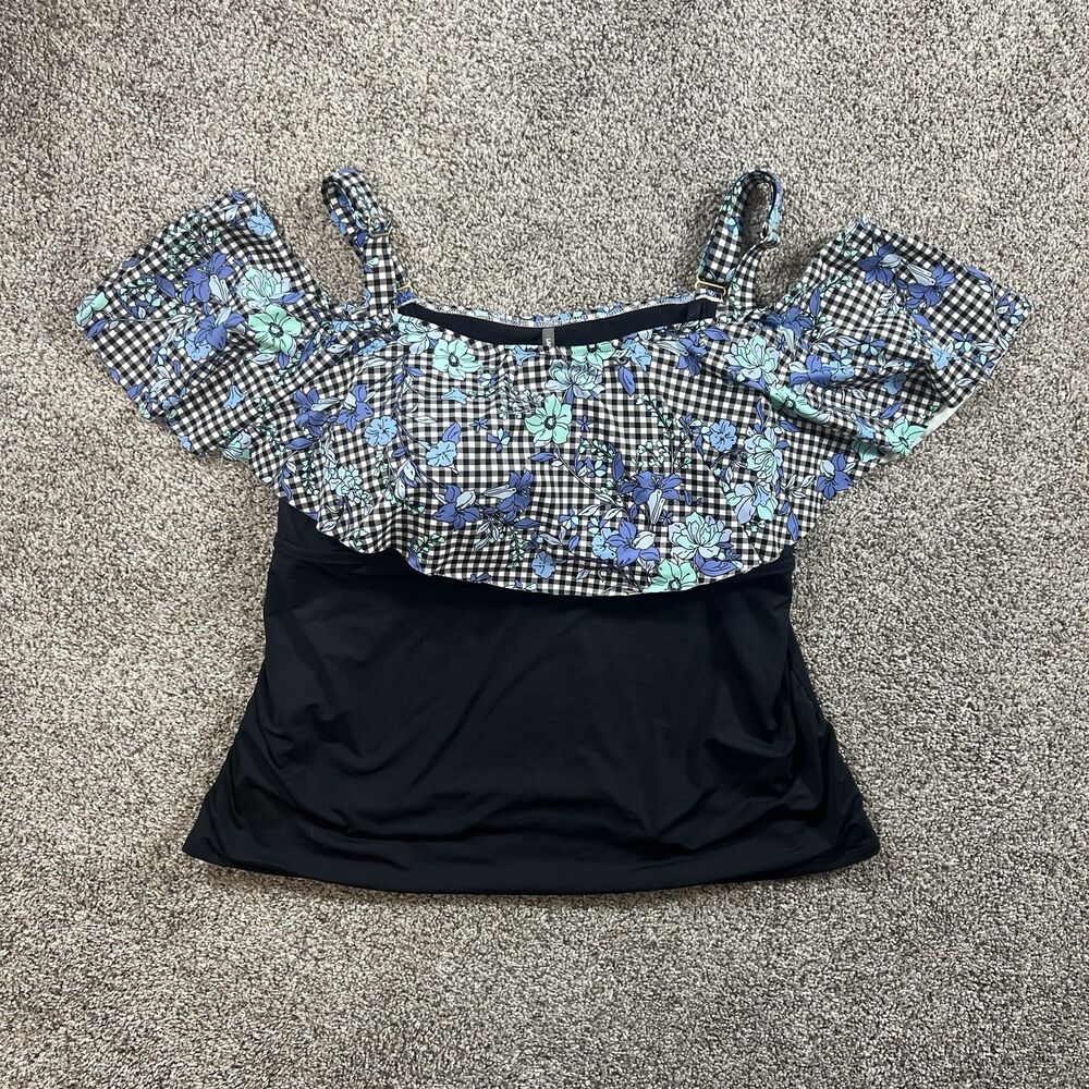 Lands End Tankini Top 44D Underwire Bra Flutter Gingham Floral Cold Shoulder